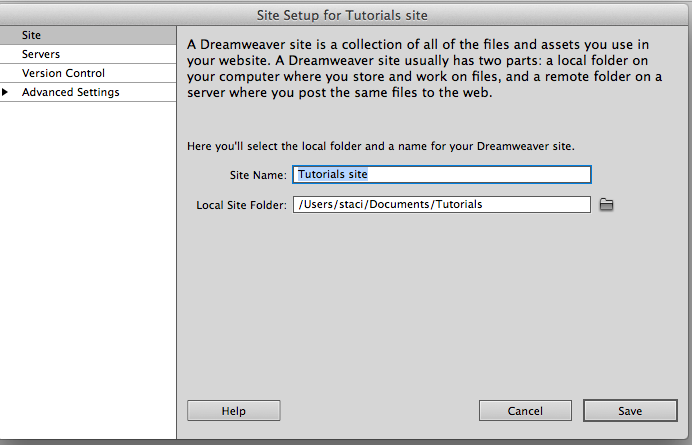 Initial new site screen, CS5